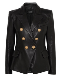 Женский черный кожаный двубортный пиджак от Balmain