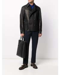 Мужской черный кожаный двубортный пиджак от Giorgio Armani