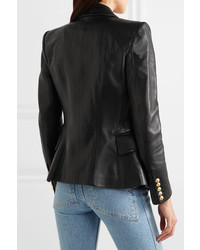Женский черный кожаный двубортный пиджак от Balmain