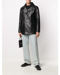 Мужской черный кожаный двубортный пиджак от Sunflower