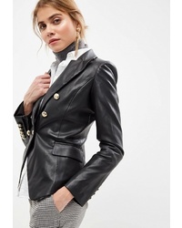 Женский черный кожаный двубортный пиджак от Guess Jeans