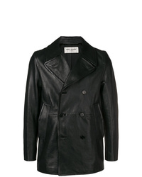 Мужской черный кожаный двубортный пиджак от Saint Laurent