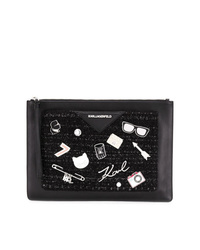Черный кожаный клатч с украшением от Karl Lagerfeld