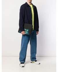 Мужской черный кожаный мужской клатч с вышивкой от Kenzo