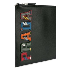 Мужской черный кожаный мужской клатч с принтом от Prada