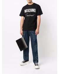 Мужской черный кожаный мужской клатч с принтом от Moschino