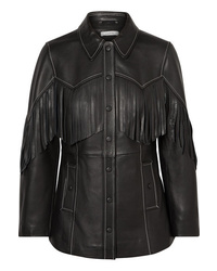 Черный кожаный пиджак c бахромой
