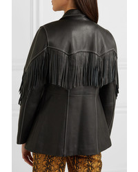 Женский черный кожаный пиджак c бахромой от Ganni