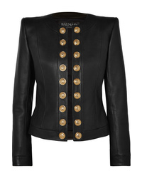 Черный кожаный пиджак с украшением