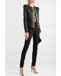 Женский черный кожаный пиджак с украшением от Balmain