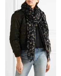 Женский черный легкий шарф с цветочным принтом от Saint Laurent