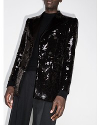 Мужской черный пиджак с пайетками с вышивкой от Balmain