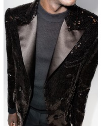 Мужской черный пиджак с пайетками с вышивкой от Balmain