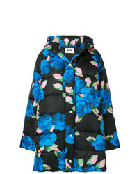 Черный пуховик с цветочным принтом