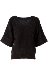 Женский черный пушистый свитер с v-образным вырезом от Lamberto Losani