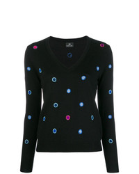 Женский черный свитер с v-образным вырезом с вышивкой от Ps By Paul Smith