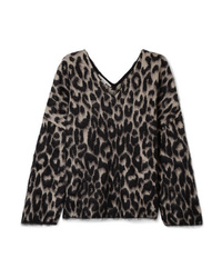 Черный свитер с v-образным вырезом с леопардовым принтом