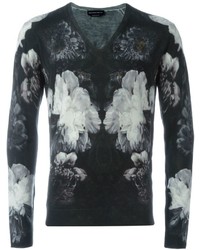 Черный свитер с v-образным вырезом с цветочным принтом