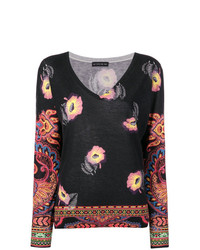 Женский черный свитер с v-образным вырезом с цветочным принтом от Etro
