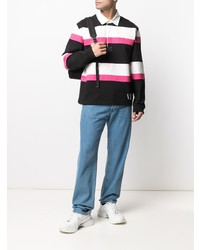 Мужской черный свитер с воротником поло в горизонтальную полоску от Valentino