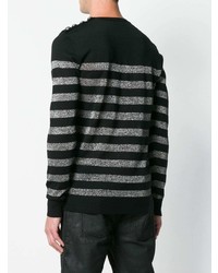 Мужской черный свитер с круглым вырезом в горизонтальную полоску от Balmain