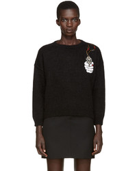 Женский черный свитер с круглым вырезом из мохера с вышивкой от Saint Laurent