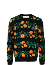 Мужской черный свитер с круглым вырезом с цветочным принтом от Gucci