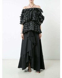 Черный топ с открытыми плечами с рюшами от Tome