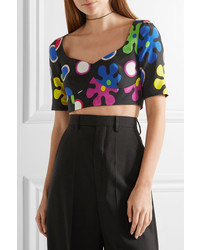 Черный шелковый укороченный топ с принтом от Moschino