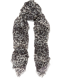 Женский черный шелковый шарф с леопардовым принтом от Saint Laurent