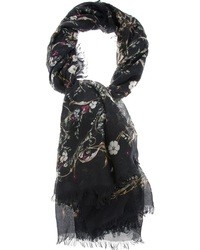 Женский черный шелковый шарф с цветочным принтом от Alexander McQueen