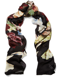 Женский черный шелковый шарф с цветочным принтом от Valentino