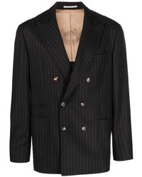 Мужской черный шерстяной двубортный пиджак в вертикальную полоску от Brunello Cucinelli