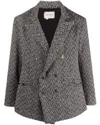 Черный шерстяной двубортный пиджак с узором "в ёлочку"