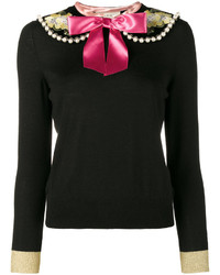 Женский черный шерстяной свитер с вышивкой от Gucci