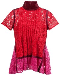 Ярко-розовая кружевная блуза с коротким рукавом от Sacai