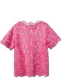 Ярко-розовая кружевная блуза с коротким рукавом от Valentino