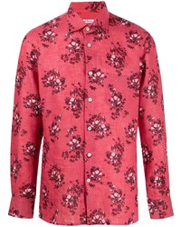 Ярко-розовая льняная рубашка с длинным рукавом с цветочным принтом