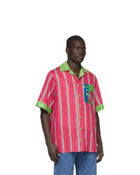 Мужская ярко-розовая рубашка с коротким рукавом в вертикальную полоску от Gcds