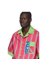 Мужская ярко-розовая рубашка с коротким рукавом в вертикальную полоску от Gcds