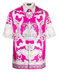 Мужская ярко-розовая рубашка с коротким рукавом с принтом от Versace