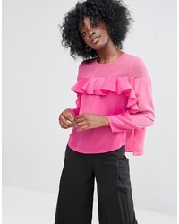 Ярко-розовая сатиновая блузка с рюшами от Asos