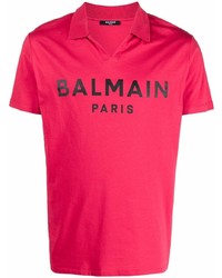 Мужская ярко-розовая футболка-поло с принтом от Balmain