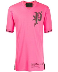 Мужская ярко-розовая футболка с v-образным вырезом с принтом от Philipp Plein