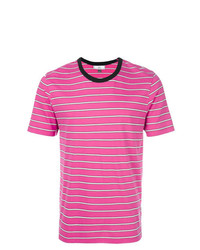 Мужская ярко-розовая футболка с круглым вырезом в горизонтальную полоску от AMI Alexandre Mattiussi