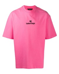 Мужская ярко-розовая футболка с круглым вырезом с вышивкой от Balenciaga