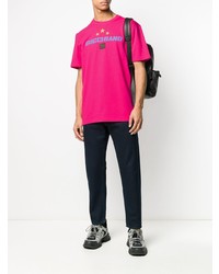 Мужская ярко-розовая футболка с круглым вырезом с вышивкой от Gucci