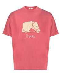 Мужская ярко-розовая футболка с круглым вырезом с вышивкой от Bode