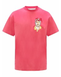 Мужская ярко-розовая футболка с круглым вырезом с вышивкой от JW Anderson