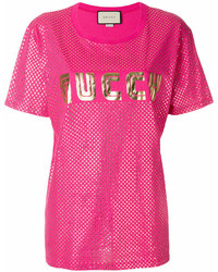 Женская ярко-розовая футболка с круглым вырезом с принтом от Gucci